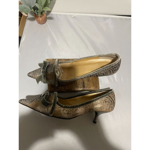 Elegant Gussaci Leather Velvet Bow Kitten Heels Size 38 Embossed Design Pointed - Picture 11 of 16